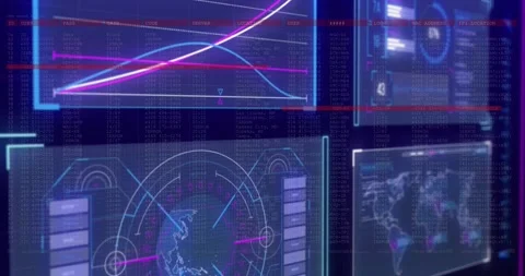 On data arrival stacked panels updating charts, rotating globe and scrolling Stock Footage 328245878