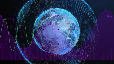 Data arriving, digital globe rotating, nodes adding, charts rising, showing Video stock 334724890