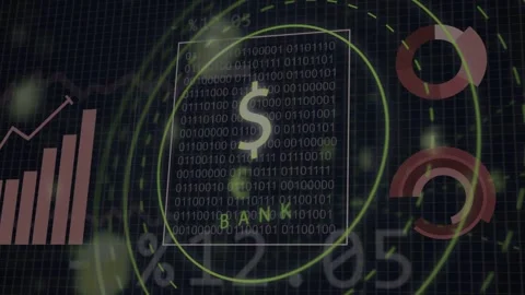 Data arriving initiating central white dollar sign pulsing, charts growing, Stock Footage 333803568
