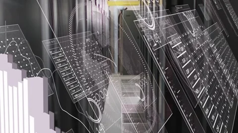 Data arriving server aisle showing UI sliding growing fading monitoring Stock Footage 332577576