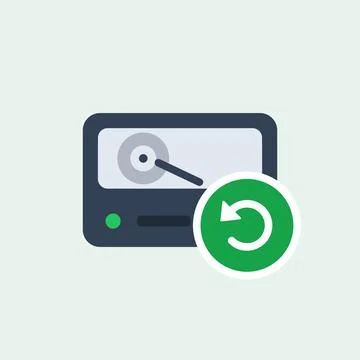 Data backup and recovery flat icon with hard disk drive and green restore arrow, Stock Illustration