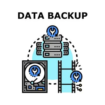 Data backup and recovery process with server, hard drive Stock Illustration