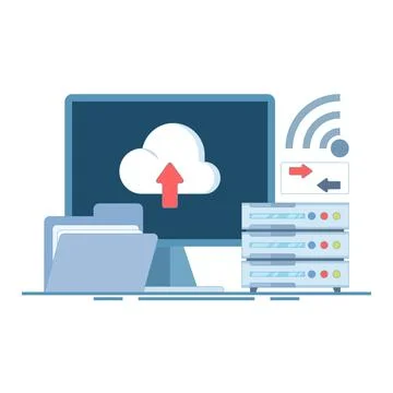 Data Backup Concept. Computer with Server and Data Folder. file transfer. Stock Illustration