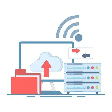Data Backup Concept. Computer with Server and Data Folder. file transfer. 스톡 일러스트
