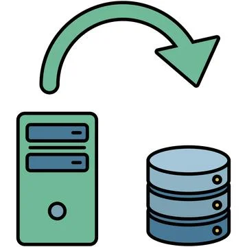 Data backup system with server tower and database storage. Stock-Illustration