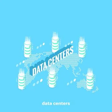 Data banks located on the world map, isometric image 库存插图