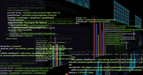 Data bars appearing and code sliding over charts with camera panning right Stock Footage 310326612