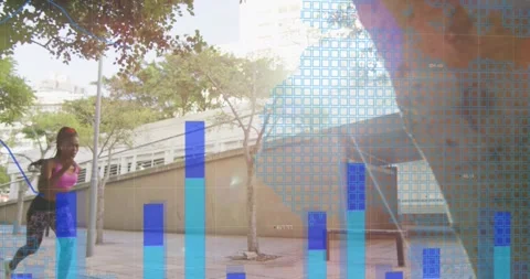 Data bars appearing, woman running plaza, passing tree trunk while charts Stock Footage 330563955