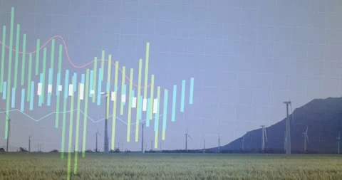 Data bars emerging from left, overlaying wind turbines and mapping renewable Stock Footage 331873024