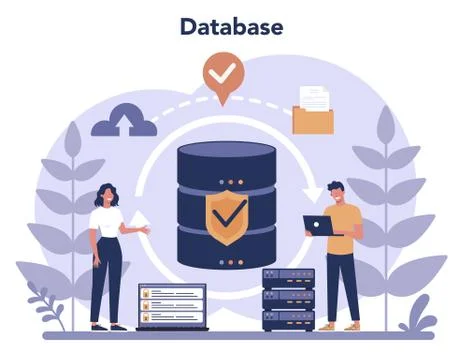Data base administrator concept. Female and male character working Stock Illustration