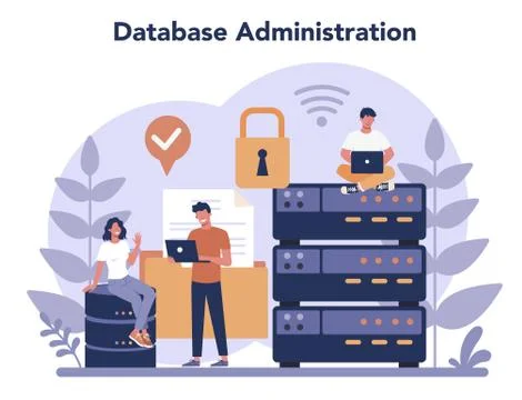 Data base administrator concept. Female and male character working Stock Illustration
