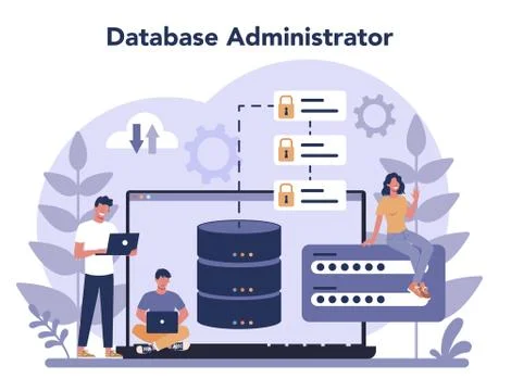 Data base administrator concept. Female and male character working Stock Illustration