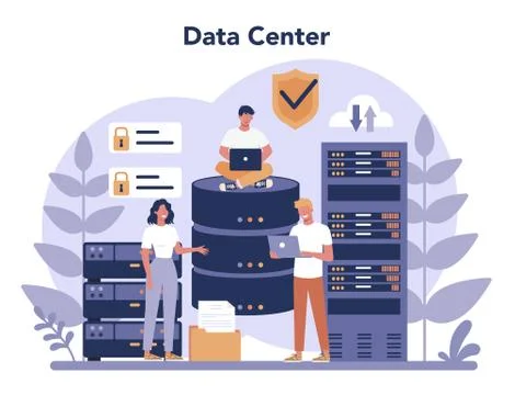 Data base administrator concept. Female and male character working Stock Illustration