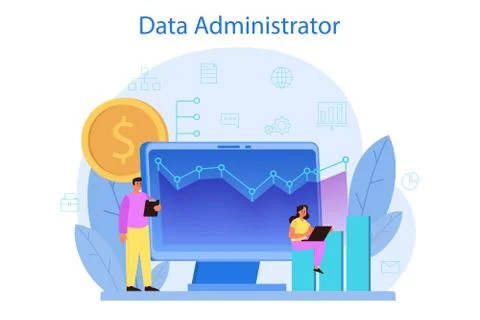 Data base administrator concept. Female and male character working Illustrazione stock