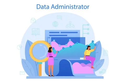 Data base administrator concept. Female and male character working Illustrazione stock