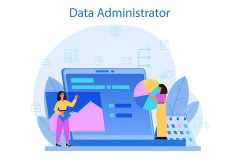 Data base administrator concept. Female and male character working Stock Illustration