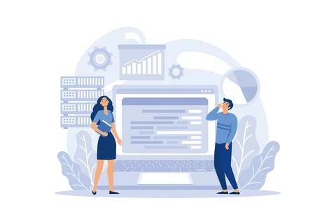 Data base administrator concept. Female and male character working at data .. Stock-Illustration