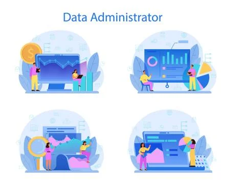 Data base administrator concept set. Female and male character working Stock Illustration