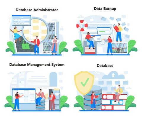 Data base administrator concept set. Admin or manager working Stock Illustration