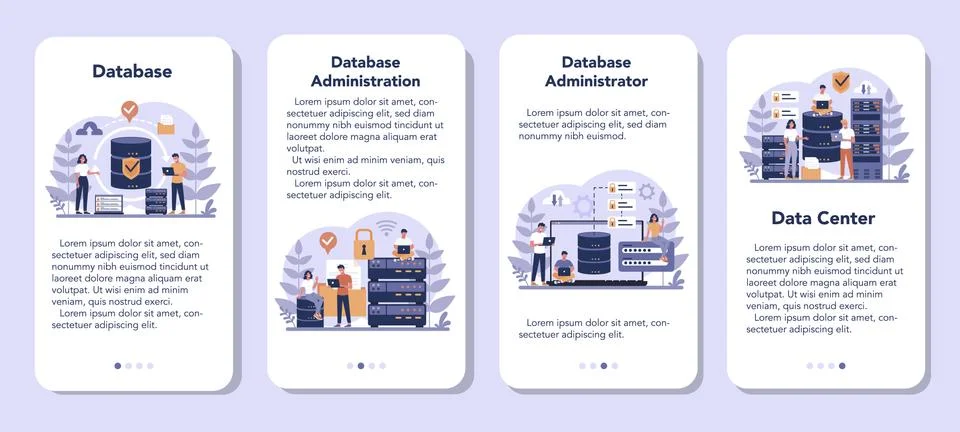 Data base administrator mobile application banner set. Female and Stock Illustration