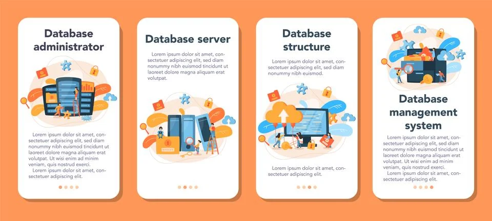 Data base administrator mobile application banner set. IT Illustrazione stock