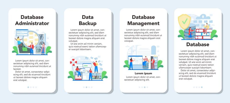 Data base administrator mobile application banner set. Admin or manager working Stock Illustration
