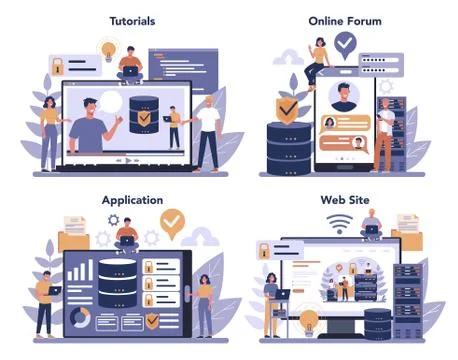 Data base administrator online service or platform set. Female and 스톡 일러스트