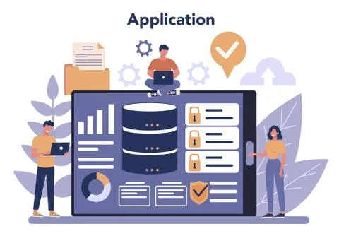 Data base administrator online service or platform. Female and Illustrazione stock