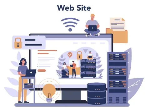 Data base administrator online service or platform. Female and Stock Illustration