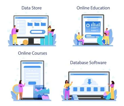 Data base administrator online service or platform set. Female and male Illustrazione stock