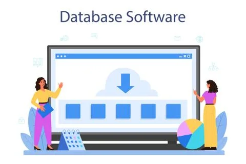 Data base administrator online service or platform. Female and male Illustrazione stock