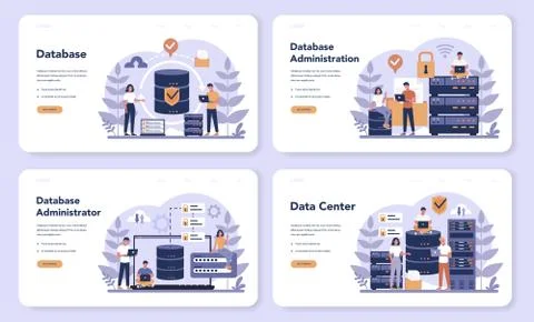 Data base administrator web banner or landing page set. Female Illustrazione stock