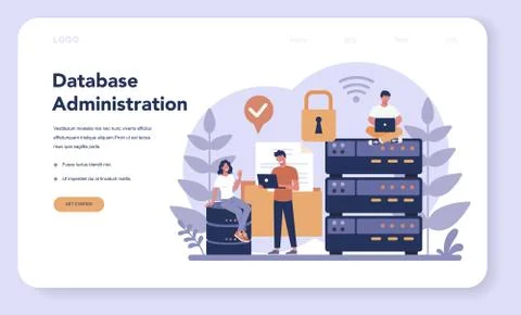 Data base administrator web banner or landing page. Female Illustrazione stock