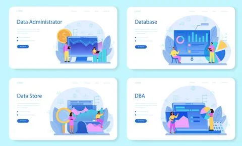 Data base administrator web banner or landing page set. Female Illustrazione stock