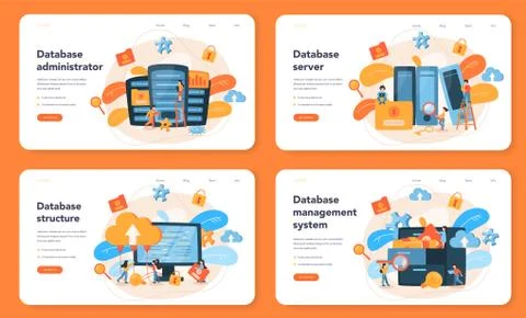 Data base administrator web banner or landing page set. IT Stock Illustration