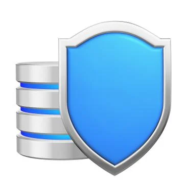 Data base behind blue metal shield data protection concept Illustrazione stock