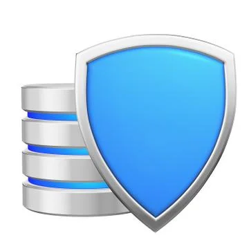 Data base behind blue metal shield data privacy concept Illustrazione stock
