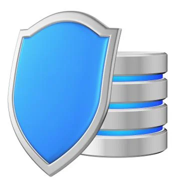 Data base behind blue metal shield on left data protection conce Stock Illustration