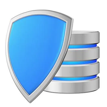 Data base behind blue metal shield on left data privacy concept Illustrazione stock