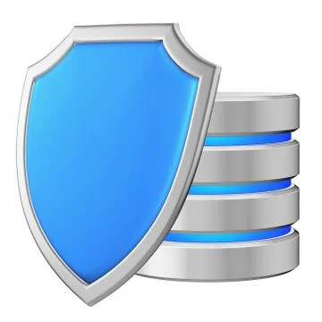 Data base behind metal blue shield on left data protection conce Illustrazione stock