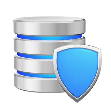 Data base with blue metal shield data privacy concept Stock Illustration