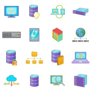 Data base icons set, cartoon style Illustrazione stock