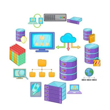 Data base icons set, cartoon style Illustrazione stock