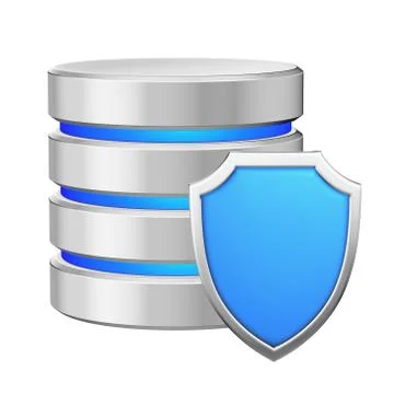 Data base with metal blue shield data protection concept Stock Illustration
