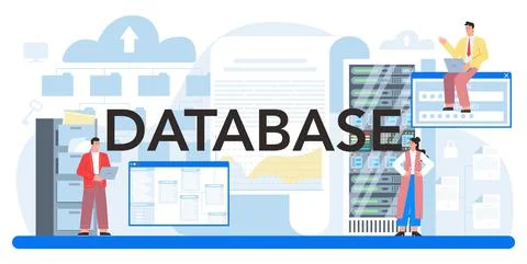 Data base typographic header. Admin or manager working at data center. Illustrazione stock