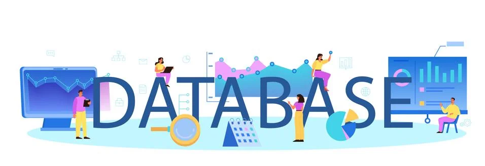 Data base typographic header. Female and male character working Stock Illustration
