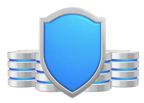 Data bases group behind blue metal shield data protection concep Stock Illustration