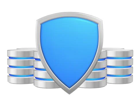 Data bases group behind blue metal shield data privacy concept Stock Illustration