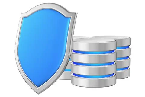 Data bases group behind blue metal shield on left data protectio Stock Illustration