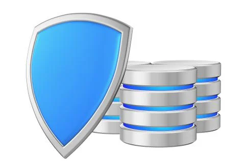 Data bases group behind blue metal shield on left data privacy c Stock Illustration